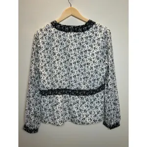 Madewell Floral Clipdot Peplum Top Womens Medium White Black V-Neck Long Sleeve thumbnail 4