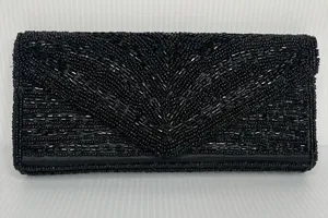 Vintage Y2K Black Beaded Clutch Handbag Purse Formal Geometric Art Deco Glam thumbnail 1