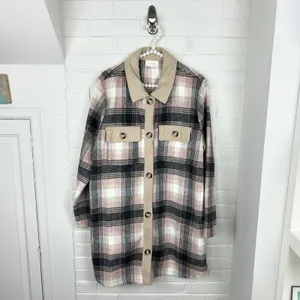 Melloday Pink Brown Plaid Long Line Button Front Shacket Size XL thumbnail 2