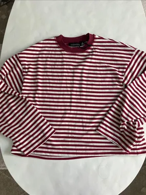 LIONESS Bloom Long Sleeve Top in Wine Stripe Red White XXS (Oversized) $69 thumbnail 3