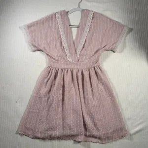 SHEIN Womens Small Pink Swiss Dot Lace Trim Mini Dress Short Sleeve Boho thumbnail 1