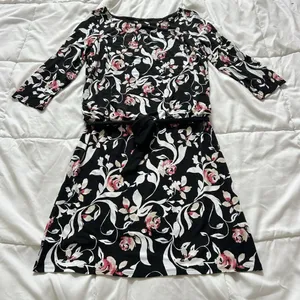 White House Black Market Womens Small Tie Dress Floral Long‎ Sleeve Black Pink thumbnail 1