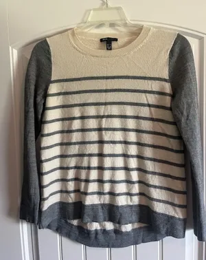 MNG (Mango) Cream & Gray Striped Crewneck Sweater thumbnail 1