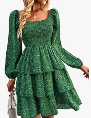 BTFBM Floral Tiered Mini Dress Size Small Green Smocked Long Sleeve Boho Prairie thumbnail 1