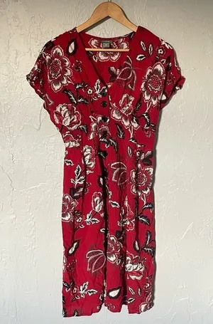 Angie‎ Red Floral Flutter Sleeve Miss Honey Button Front Sundress sz Medium thumbnail 1