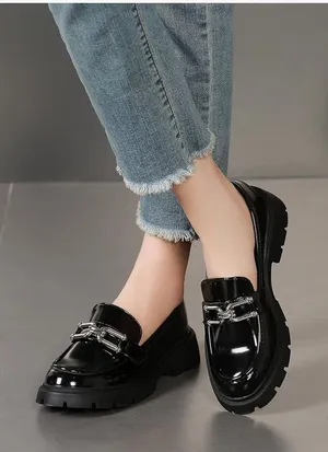 Creation Chunky Platform Loafers Chain Buckle SlipOn Black Patent Size 7 thumbnail 1