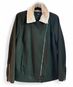 A New Approach Women Moto Jacket Size XL Earthy Green‎ Sherpa Assymetrical Zip thumbnail 1