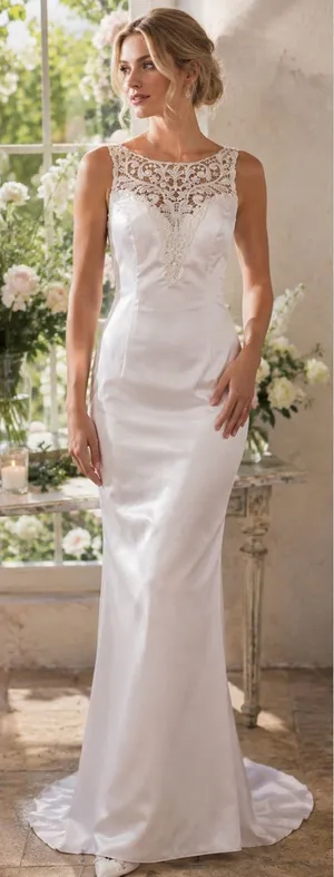 Vintage Jessica McClintock Bridal Gown White Satin Lace Neckline Train Size 6 thumbnail 1
