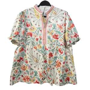 CHERYBETTY Babydoll Blouse Floral Paisley Puff Sleeve Embroidered Trim Cream‎ L thumbnail 1
