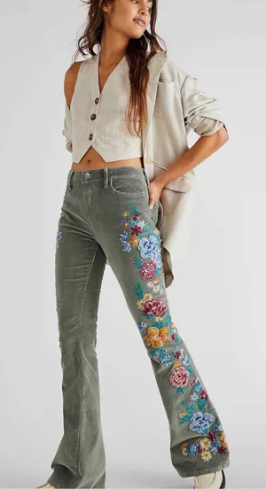 Free People x Driftwood Farrah Embroidered Cord Flare Jeans Sz 28 thumbnail 1