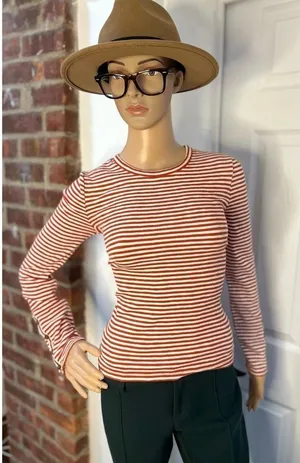 Madewell Crew Neck Button Cuff Orange Maple Stripe T-Shirt Top thumbnail 1