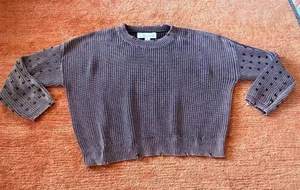Vintage Havana Distressed Sweater Size M Studded Sleeve Cotton Knit Cropped thumbnail 1