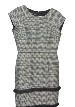 Donna Morgan Sheath Dress Multicolor Striped Tweed Cap Sleeve Fringe Trim Size 6 thumbnail 1