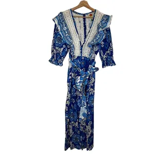 Farm Rio‎ Floral Linen Jumpsuit Tropical Puff Sleeve Women Medium NWT Blue White thumbnail 3