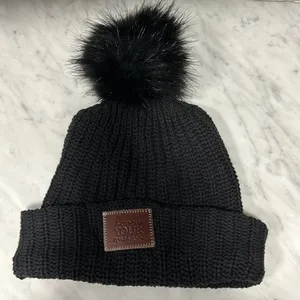 Love Your Melon! Leather Embossed Black Knit Beanie with Faux Fur Pom-Pom! thumbnail 1