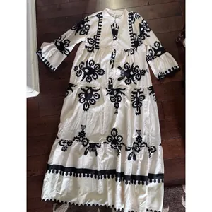 Boho Floral Folk Art Maxi Dress Cream Black Tiered‎ Bell Sleeve Womens Large thumbnail 2
