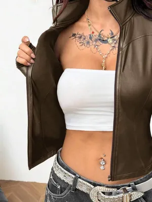 SHEIN Brown Faux Leather Zip Up Jacket | Long Sleeve Fitted Moto Crop Top thumbnail 3