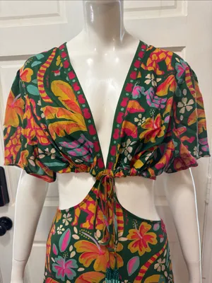 Farm Rio Tropical Cutout Maxi Dress in Green with Pink Orange Floral Print S XL thumbnail 5