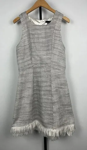 Aqua Gray White Tweed Sleeveless Fringe Hem‎ Fit & Flare Dress Size S thumbnail 1