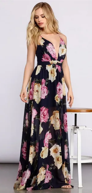 Windsor Malie formal maxi dress chiffon plunging v-neckline wedding guest Medium thumbnail 1
