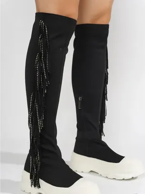 Cape Robbin ARETHA - BLACK THIGH HIGH BOOTS with Multicolor Beaded Fringe thumbnail 4