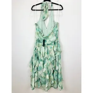 Lulus Febe Teal Green Multi Abstract Halter Ruffled Midi Dress Party XL NWT thumbnail 7