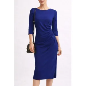 VERSE Womens Ruched Midi Cocktail Dress S Navy Blue Career Stretch Modern Event thumbnail 6