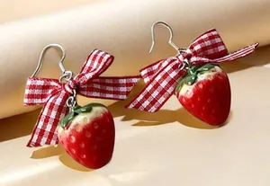 Strawberry Earrings with Red Gingham Bows thumbnail 2