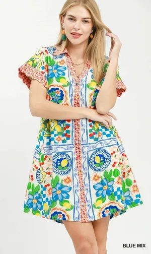 Umgee Mediterranean Print Dress with Contrast Printed Trim - Blue Mix - Small thumbnail 1