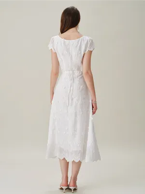 Rihoas White Square Neck Embroidery Midi Dress thumbnail 5