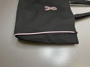 Pink Ribbon Awareness Tote Bag Womens Medium Black Canvas Shoulder Lined thumbnail 3
