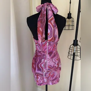 Bardot Pink Tie Dye Mesh Halter Mini Dress XS Y2K Bodycon Ruched thumbnail 7