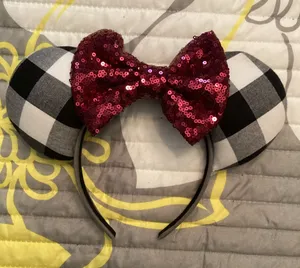 Handmade Disney Minnie Mouse Black White Buffalo Plaid Pattern Purple Sequin Ear thumbnail 1