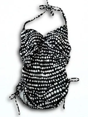 Croft & Barrow Black White Polka Dot Halter Tankini Top Ruched Swimwear Size 12 thumbnail 1