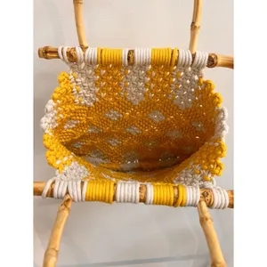 Handwoven Vintage Yellow & Cream Macramé Tote Bag with Bamboo Handles thumbnail 3