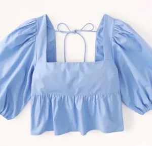 Abercrombie & Fitch Light Blue Square-Neck Puff Sleeve Top thumbnail 1