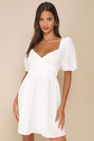 NWT Lulus Little Bit In Love White Surplice Puff Sleeve Mini Dress Cocktail Sz S thumbnail 1