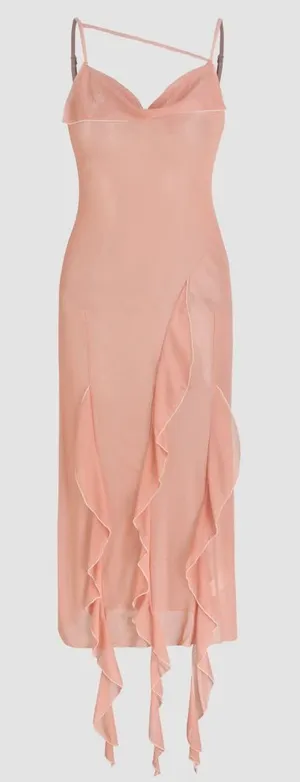 Pink V-neck Ruffle Mesh Cover Up Dress L/Size 8 thumbnail 1