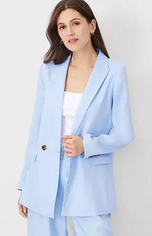 NWOT Ann Taylor‎ Oversized Peak Lapel Blazer Linen Twill Sky Blue 14 Clean Girl thumbnail 1