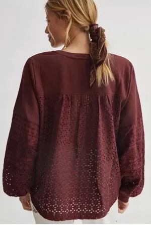 Anthropologie Plum Eyelet Yoke V Neck Pullover Sweatshirt Women's Size L Cotton thumbnail 2