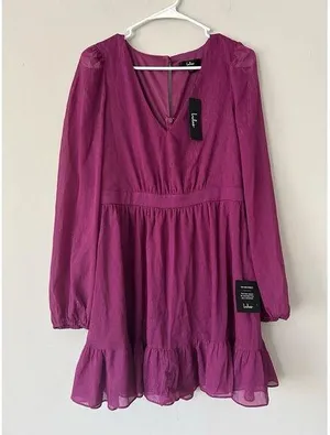 Lulus New Purple Magenta Metallic Sheer Long Sleeve Mini Dress Size Medium Party thumbnail 1