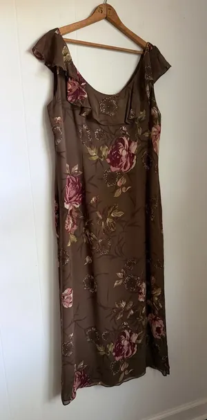 Morell Maxie Floral Column Dress Brown Pink Silk 14 Ruffle Sleeveless Y2K Fairy thumbnail 1