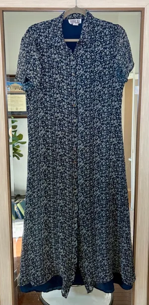 Robbie Bee Vintage 100% Silk blue floral short sleeve midi dress button front L thumbnail 1