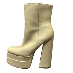 Source Unknown Sassy Cream Platform Boots Chunky Heel Square Toe Side Zipper Womens 5 thumbnail 4