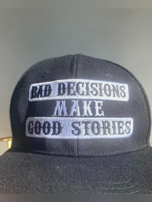 Black flat bill snap back hat funny saying Bad Decisions Make Good Stories cap thumbnail 3