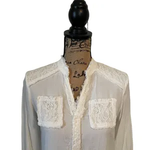 Cato Ivory Lace Ruffle Detail Long Sleeve Collared Button-Up Blouse Size S thumbnail 3