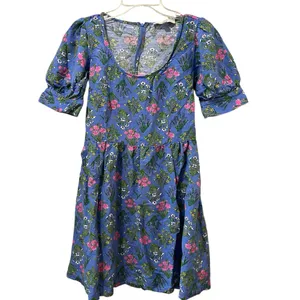 LOFT Women’s 2 Floral Babydoll Dress Blue Linen Blend Scoop‎ Neck Puff Sleeve thumbnail 3