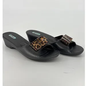 Oka-B Leopard‎ Bow Wedge Sandals Womens 6 Black Slides Shoes Made in USA thumbnail 2