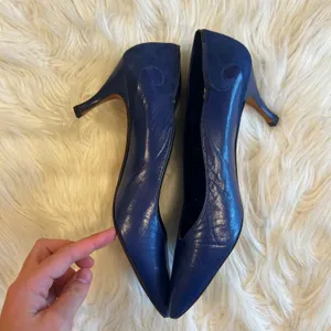 Allure Navy Blue Leather Suede Scroll Pointed Toe Pumps‎ Heels Made in Spain thumbnail 5