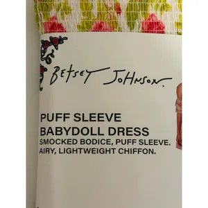 Betsey Johnson Babydoll Dress Sz L Floral Smocked‎ Pheasant Puff Sleeves Mini thumbnail 2